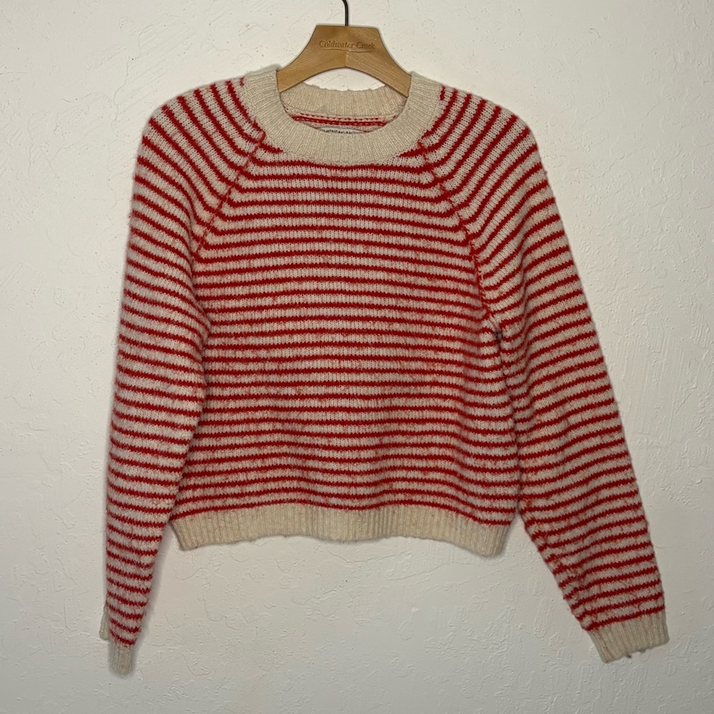 American Eagle Striped Festive Feels Sweater Women Small Red Cream Soft Fuzzy